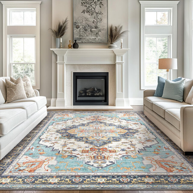 Oriental Area Rug, Vintage Low Pile Non-Slip Machine Washable Area Rug