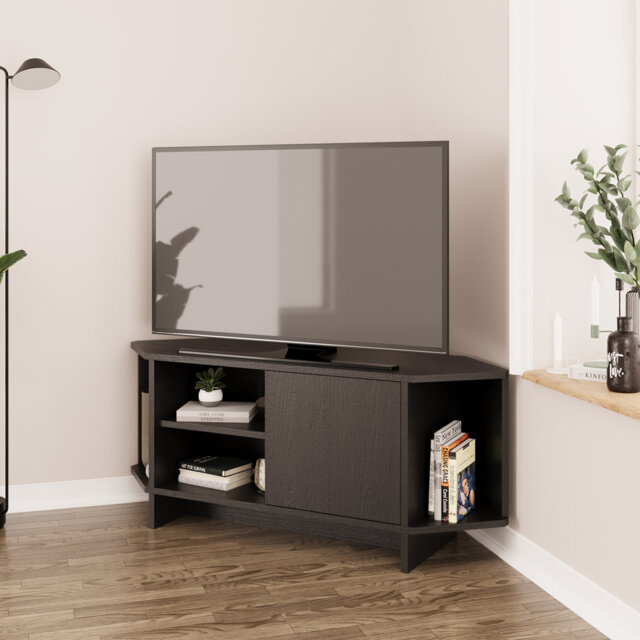 Teo Corner TV Stand – Space-Saving TV Unit for 43–48'' TVs, Compact Media Console with Open Shelves & Cabinet, Ready to Assemble, Available in 7 Colou
