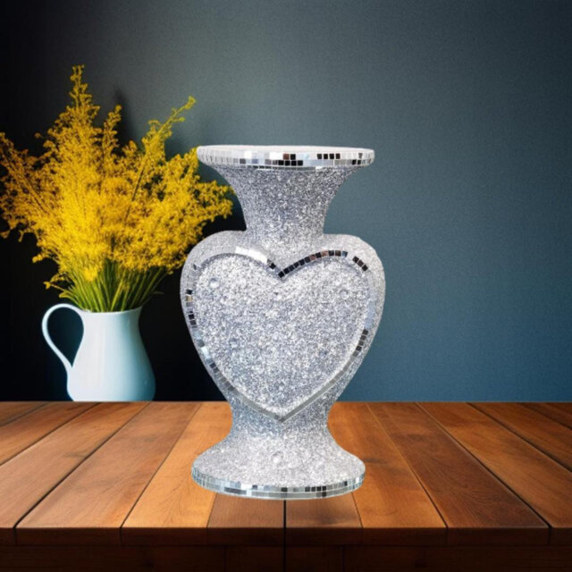 Heart Shape Crushed Diamond Glitter Silver Sparkle Flower Vase