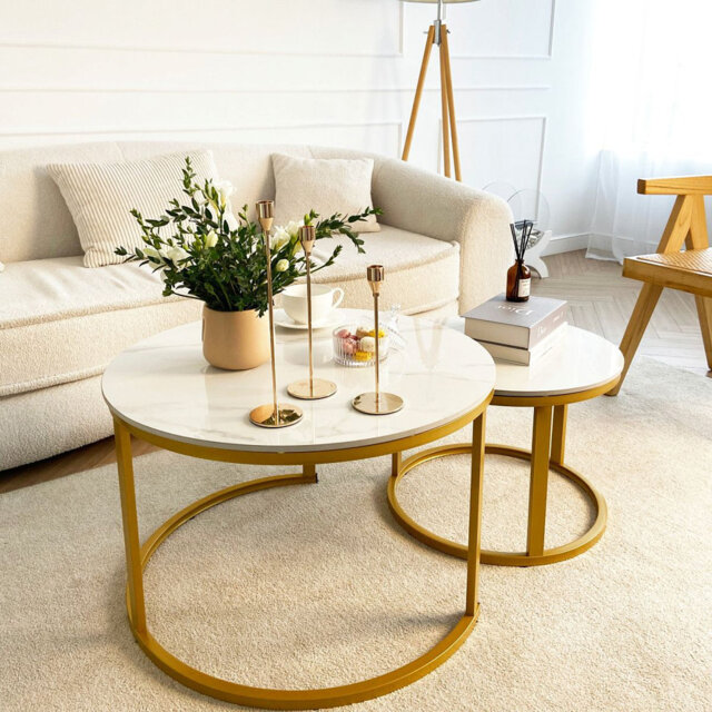 Marble Nesting Coffee Tables for Living Room - Real Sintered Stone Slab - 2 Piece Table Set