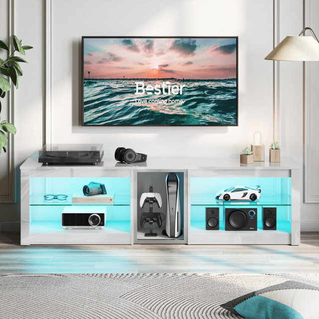 "160cm High Gloss Tv Stand For up to 70"", Gaming Entertainment Center, Led Tv Cabinet With Glass Shelves For Living Room"
