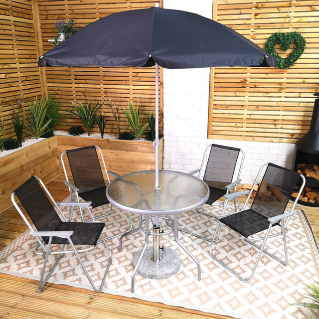 Chabak Samuel Alexander 4 Seater Garden Table And Chairs Set 4 Folding Chairs Outdoor Glass Table Garden Dining Set With Black Parasol Umbrella Patio