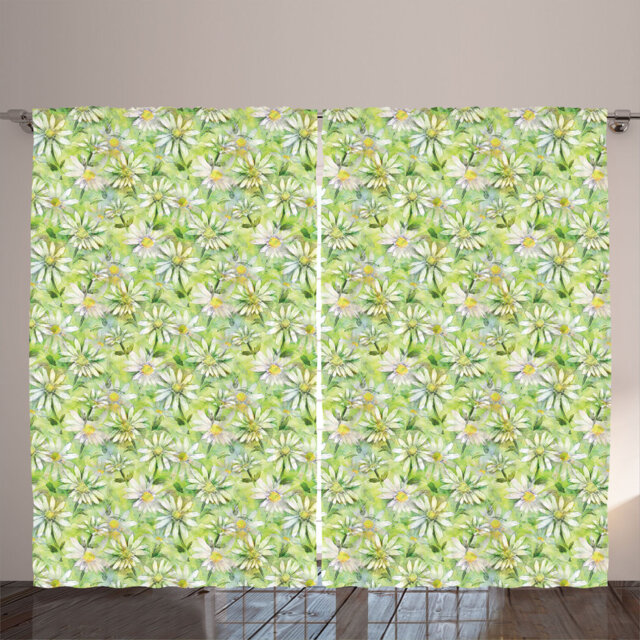 Rustic curtain, chamomile meadow watercolor, daisies, pastel green and yellow
