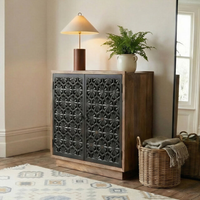 Regina Mango Wooden 2 Shelved Double-Doored Cabinet Sideboard - Decorative Floral Lattice Design