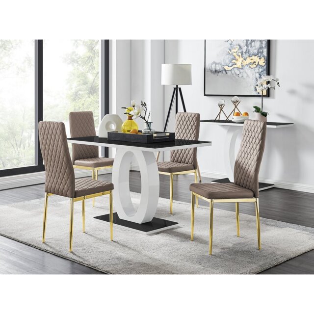 Scottsmoor High Gloss Halo Dining Table Set & 4 Luxury Faux Leather Dining Chairs - Modern Design
