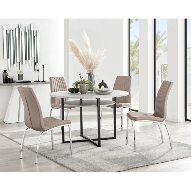 Adler Gloss & Chrome Round Dining Table Set with Shelf & 4 Soft Touch Faux Leather Dining Chairs