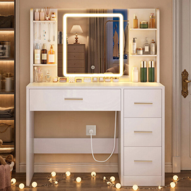 Dressing Table with Mirror and LED Light, Makeup Vanity Desk with 4 Drawers, Vanity Table for Girls