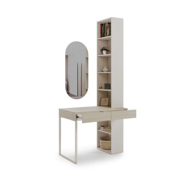 Charlie CH-22 Desk With Bookcase & Mirror 100 cm - Compact Work & Vanity Station with Vertical Storage