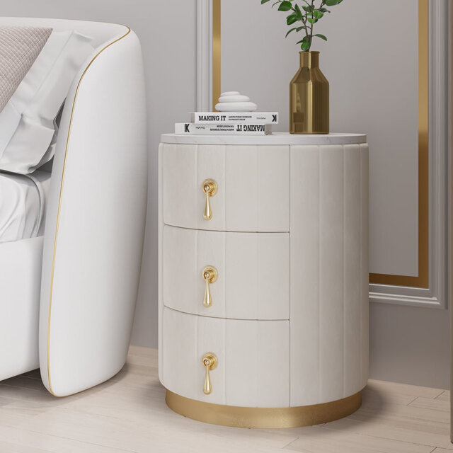 Round Velvet Bedside Table, Sintered Stone Top 3-Drawer Bedside Cabinet, Modern Bedside Drawer