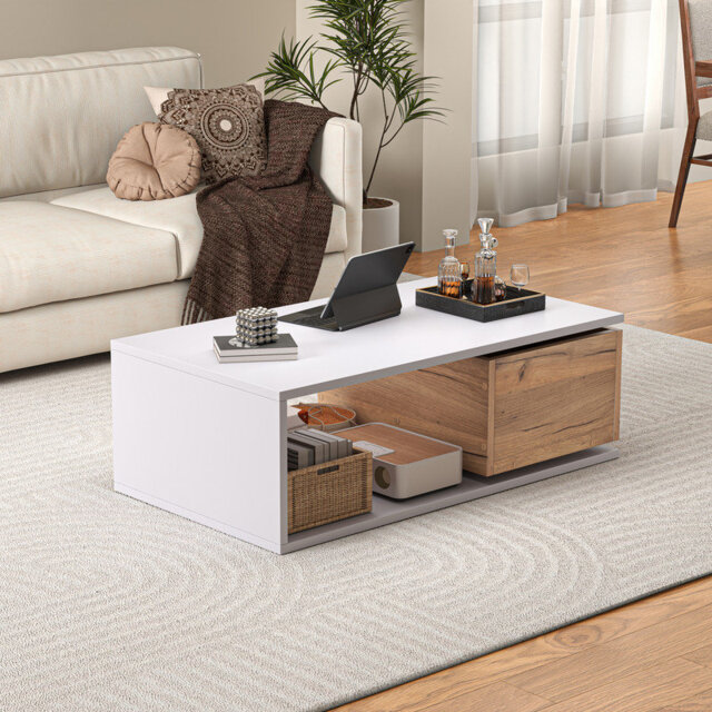 360° Rotating Coffee Table with Drawer, High Gloss Center Table for Living Room, White and Wood Sofa Side End Table