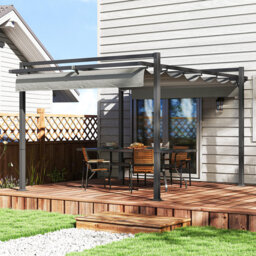 3 X 4m Dark Grey Retractable Pergola, Aluminium Frame Garden Gazebo Shelter With Retractable Roof, Drainage Grommets For Patio Deck Grill Area