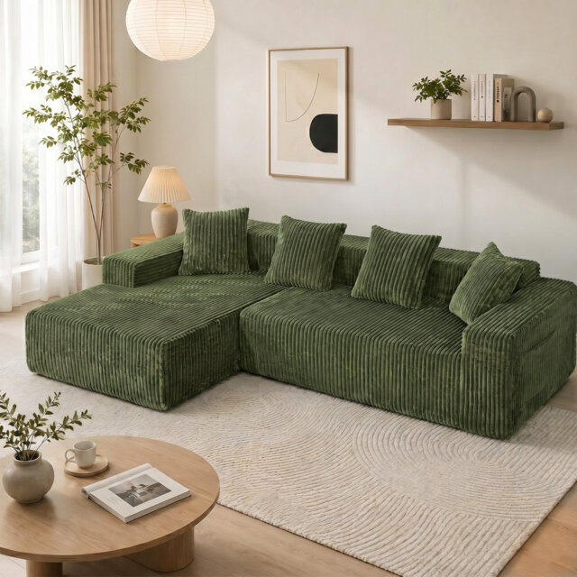 Modern Oversized 262cm Boneless Corner Sofa L-Shaped Corduroy Sofa With Storage Pockets
