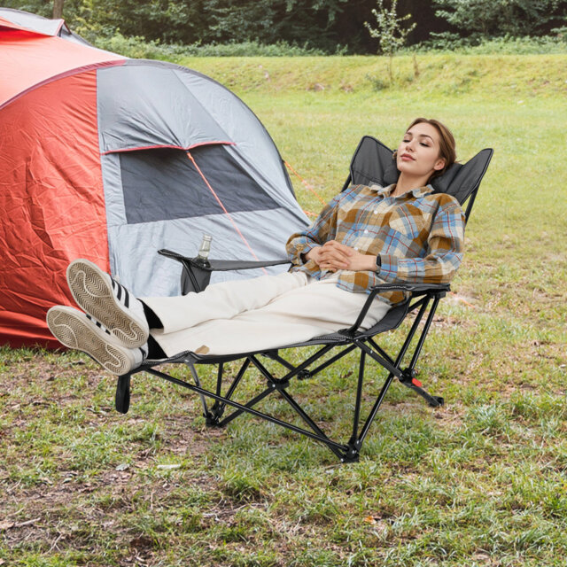 Grey Reclining Camping Chair Outdoor Folding Mesh Lounge Chair