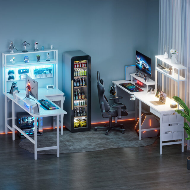 L Shaped Desk with LED Light & Power Outlet, Reversible Corner Gaming Desk with Storage Shelves & Drawer, Computer Table with Monitor Stand for Home O