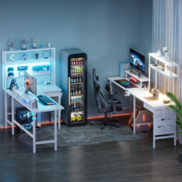 L Shaped Desk with LED Light & Power Outlet, Reversible Corner Gaming Desk with Storage Shelves & Drawer, Computer Table with Monitor Stand for Home O