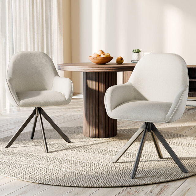 Set of 2 Swivel Dining Chairs, Faux Linen Upholstered with Metal Legs, Rotating Seat