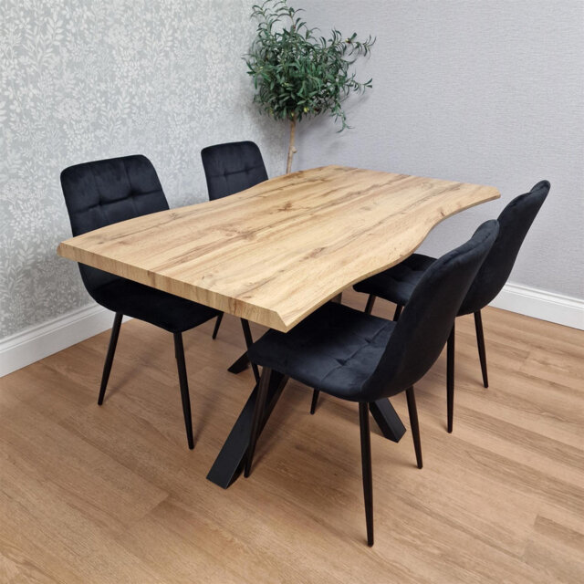 Wooden Brown Dining Table with 4 Black Velvet Chairs, Stylish Dining Room Furniture