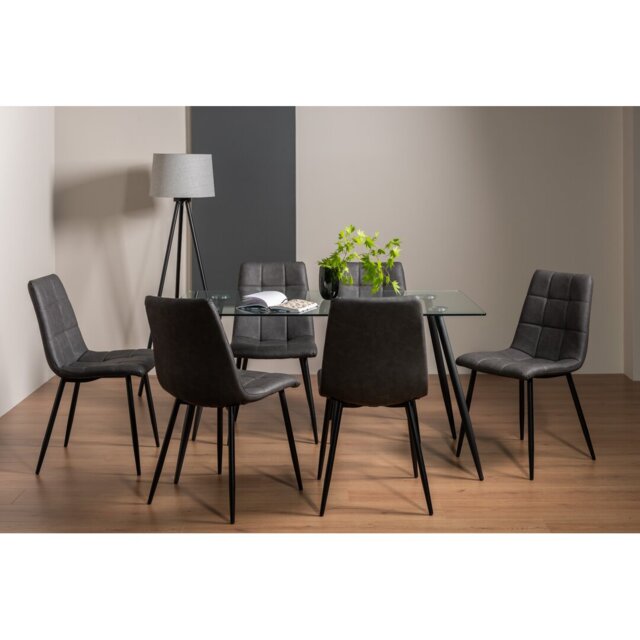 6 Seater Rectangular Clear Glass Dining Table-&-6-Upholstered Tapered Back Chair With Square Stitched Pattern & Sand Black Finish Grey Velvet Fabric (