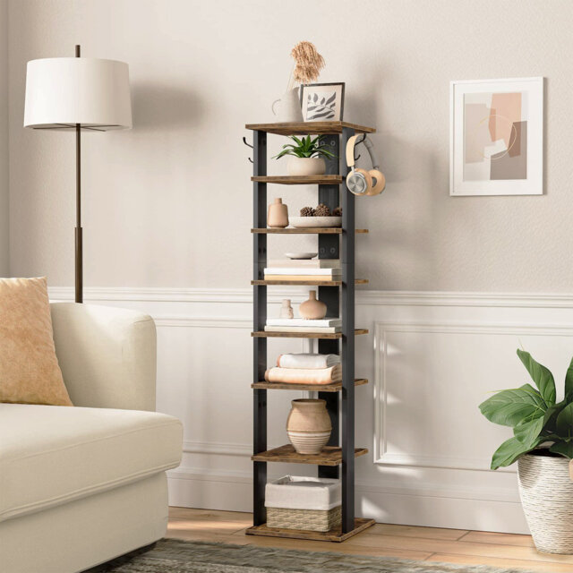 Shoe Rack Wooden, Tall Shoe Rack, Narrow Shoe Storage Organizer With 2 Hooks, Slim Shoe Shelf, Vertical Shoe Tower For Entrance, Living Room, Hallway,
