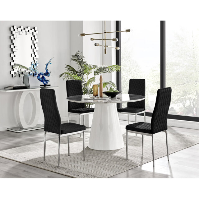 Beca Statement Pedestal Round Dining Table Set & 4 Luxury Velvet Dining Chairs