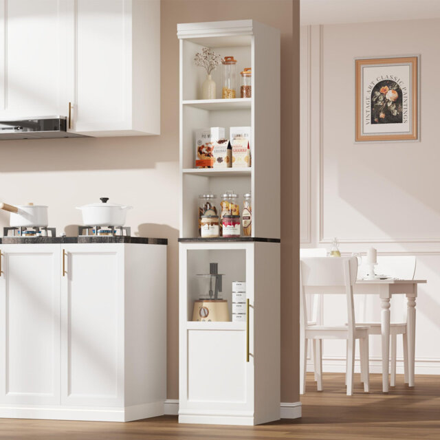 "70"" Tall Bathroom Storage Cabinet, Freestanding Narrow Organizer with Glass Door & Open Shelves, Waterproof Slim Cabinet for Bathroom, Kitchen, Laundr"