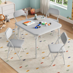 Collapsible Kids Table and Chairs Set – Upholstered PU Leather, Soft Cushions, Metal Frame, Easy to Clean – 5-Piece Activity Furniture for Playroom, B
