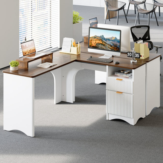 140cm L-Shaped Executive Computer Desk With File&storage Drawers,Home Office Writing Desk With Monitor Stand