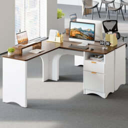 55'' L Shaped Executive Computer Desk With File&storage Drawers,home Office Writing Desk With Monitor Stand And Open Compartments