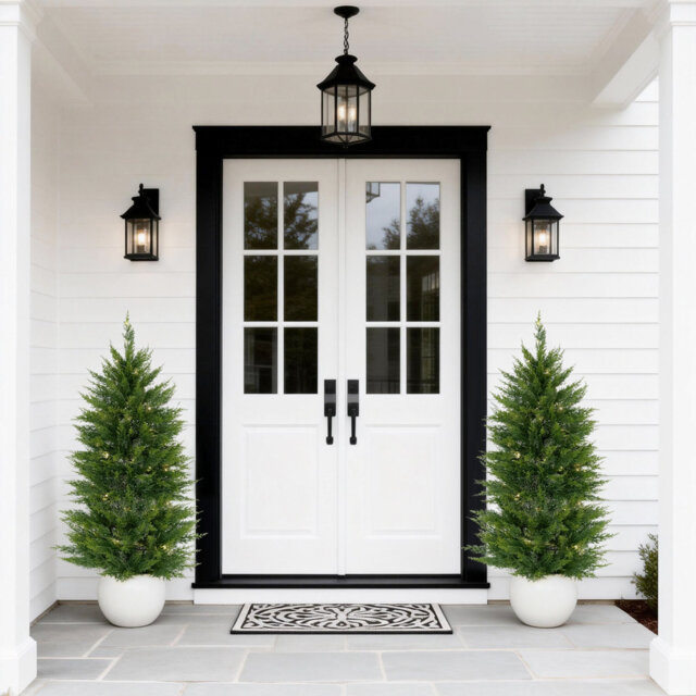 4FT Artificial Cedar Topiary Tree, 2PCS Faux Evergreen Shrubs with White Pot & Light, Fake Cypress Potted Greenery for Front Door Living Room Patio