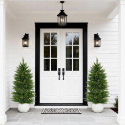 4FT Artificial Cedar Topiary Tree, 2PCS Faux Evergreen Shrubs with White Pot & Light, Fake Cypress Potted Greenery for Front Door Living Room Patio