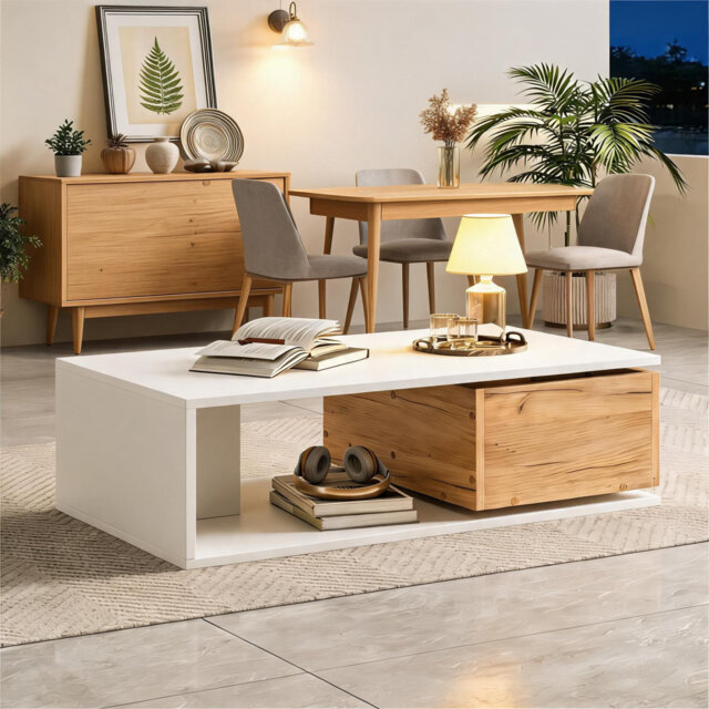 Coffee Table with 360Â° Rotating Drawer, High Gloss Top, 90x50x30cm MDF Centre Table, White & Wood Finish, Space-Saving End Table with Hidden Storage,