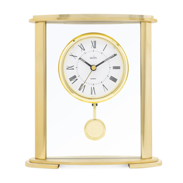 Acctim Welwyn Pendulum Mantel Clock Quartz Polished Metal & Glass Luminous Hands Floating Effect Gold