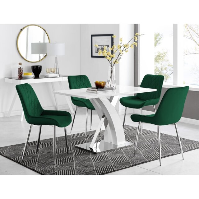 Marietta Chrome Metal & White High Gloss Dining Table Set - 4 Luxury Velvet Dining Chairs