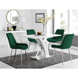 Marietta Chrome Metal & White High Gloss Dining Table Set - 4 Luxury Velvet Dining Chairs