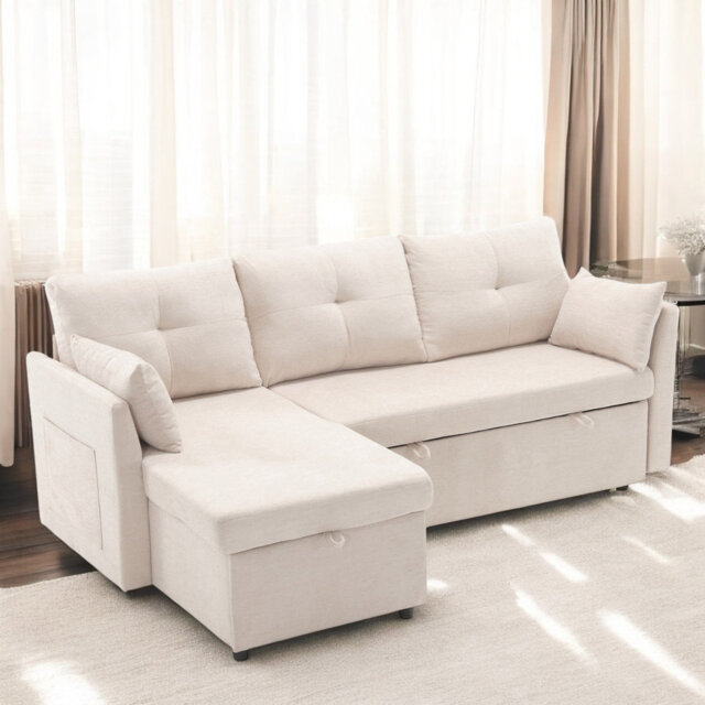 Beige Chenille Multi-functional L-shaped sofa with pull-out bed sectional sofa bed with storage seats chaise longue interchangeable corner sofa