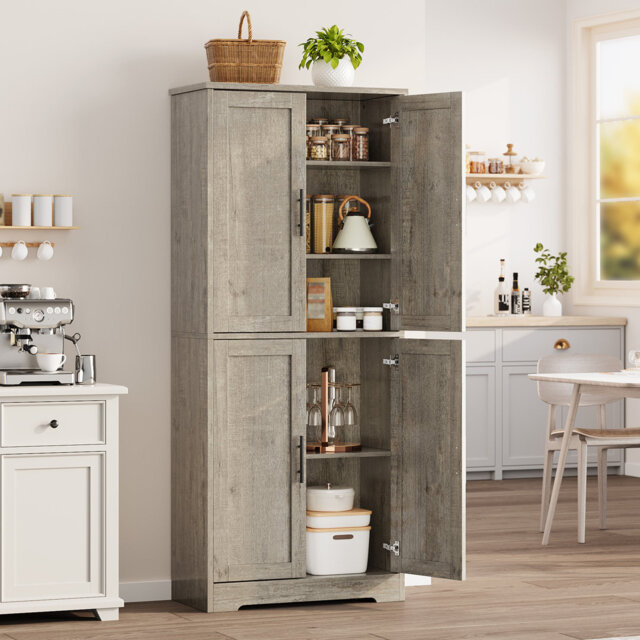 177cm Light Grey Freestanding Farmhouse Kitchen Pantry Cabinet, 4 Doors with Adjustable Shelves, Anti‑Toppling Device for Kitchen, Dining, Bathroom St