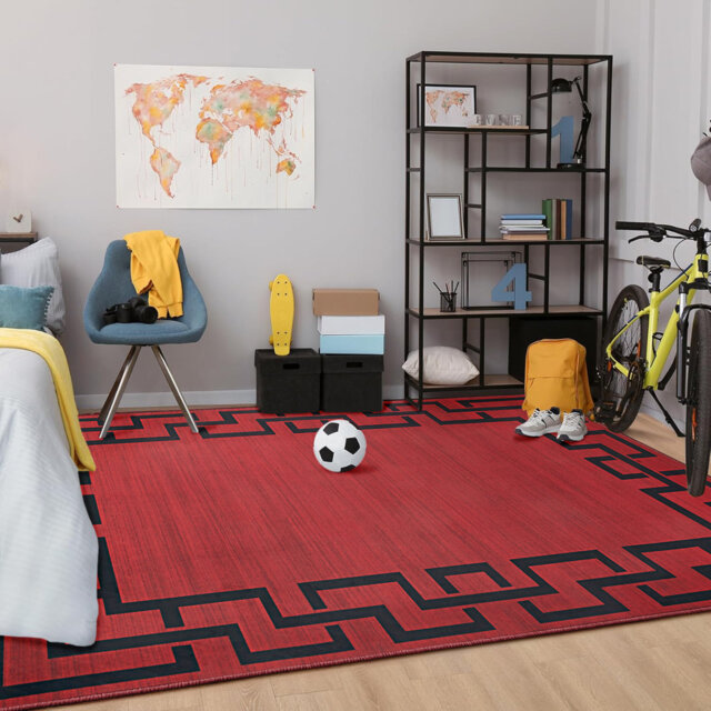 Lexi Red Geometric Border Area Rug - Vibrant Rug with Bold Black Frame