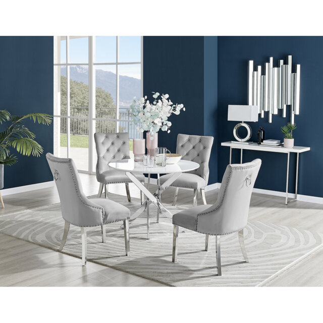 Tierra Modern Chrome Metal & Glass Round Dining Table Set with 4 Luxury Button Velvet Chairs