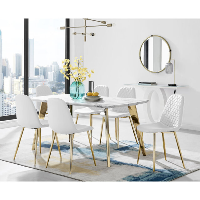Anders Modern High Gloss Marble Effect Dining Table Set with 6 Luxury Faux Leather Dining Chairs