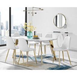 Anders Modern High Gloss Marble Effect Dining Table Set with 6 Luxury Faux Leather Dining Chairs