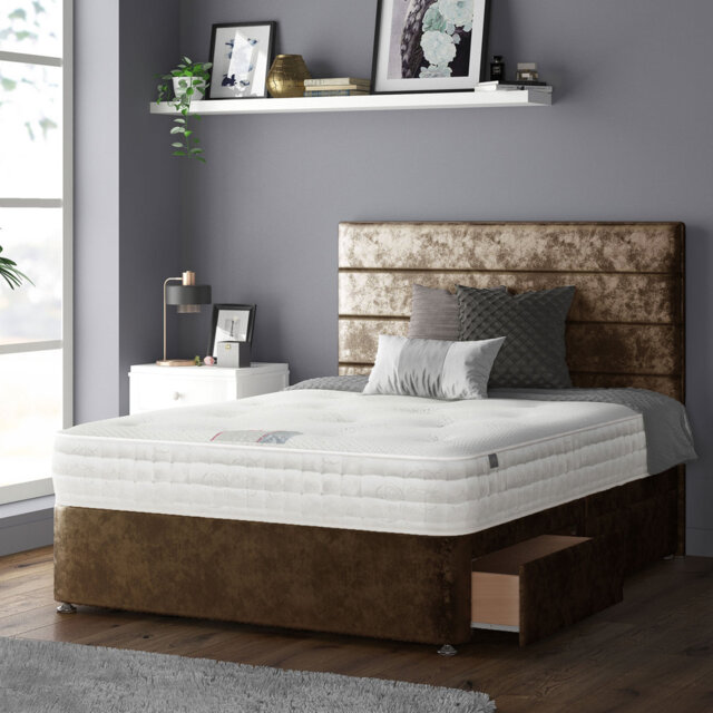 Kiara Stripped Floor Standing Headboard with Divan Base Crush Velvet and Metal Feet