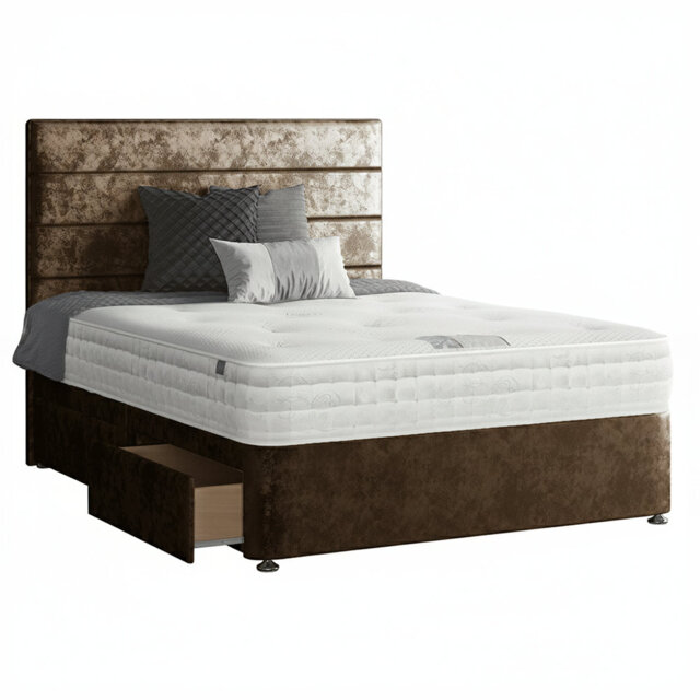 Kiara Stripped Floor Standing Headboard with Divan Base Crush Velvet and Metal Feet
