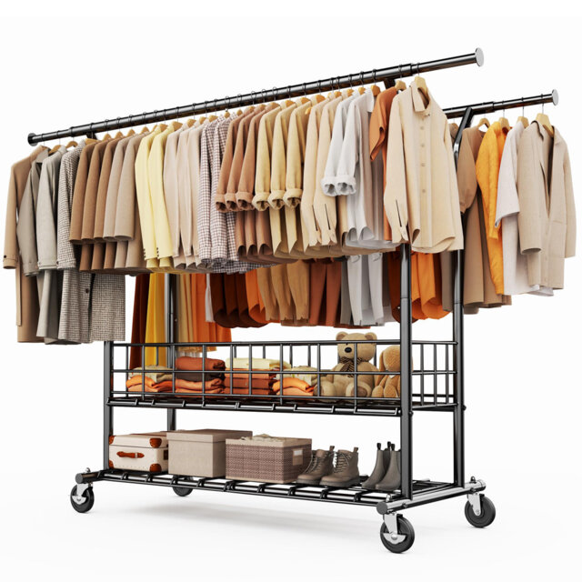 Double Rail Clothes Rack on Wheels, 283kg(625lbs) Capacity, with Mesh Storage Basket & Bottom Shelf
