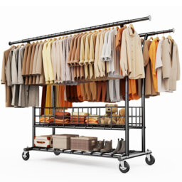 Double Rail Clothes Rack on Wheels, 283kg(625lbs) Capacity, with Mesh Storage Basket & Bottom Shelf