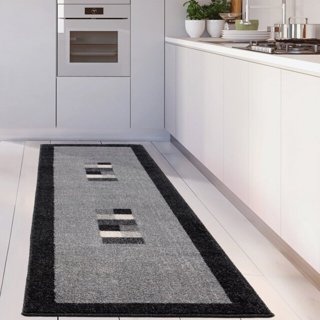 Ephesus Collection Living Room Rugs Bordered Design in Grey/Black