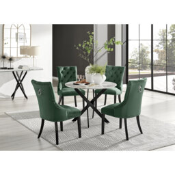 Tierra Modern Chrome Metal & Glass Round Dining Table Set with 4 Luxury Button Velvet Chairs