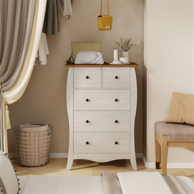 Farmhouse Chest Of Drawers With 5 Folding Fabric Drawers And Anti-Tipping Kit
