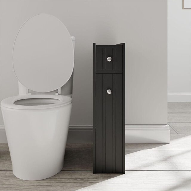 Slim Bathroom Floor Cabinet, Narrow & Compact Slimline Wooden Bathroom Organiser With Drawer & Slide Out Shelf,  Black