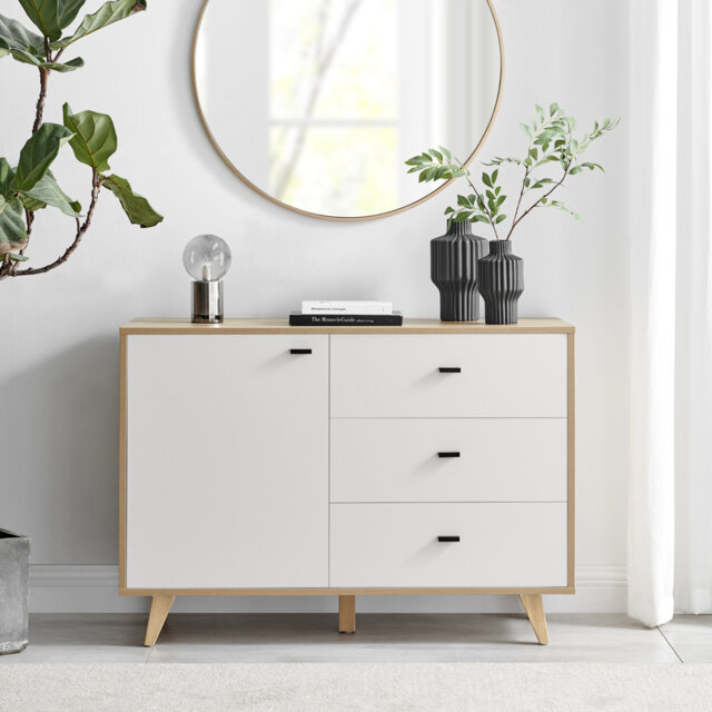 Bonnet Matte Off White and Wood Living Room Sideboard - Mid Century Modern Dining Room Storage