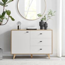 Bonnet Matte Off White and Wood Living Room Sideboard - Mid Century Modern Dining Room Storage